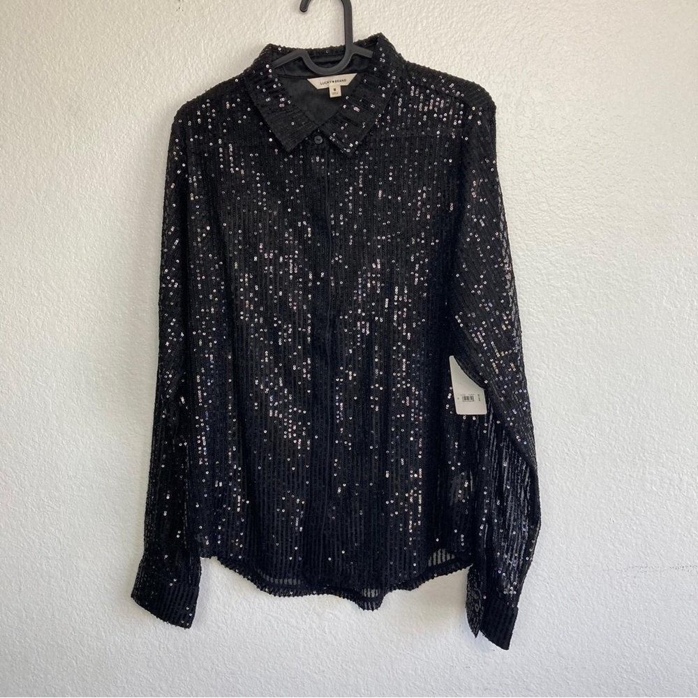 Lucky Brand Sequin Button-Up Shirt Black Size M NWT - Picture 5 of 8